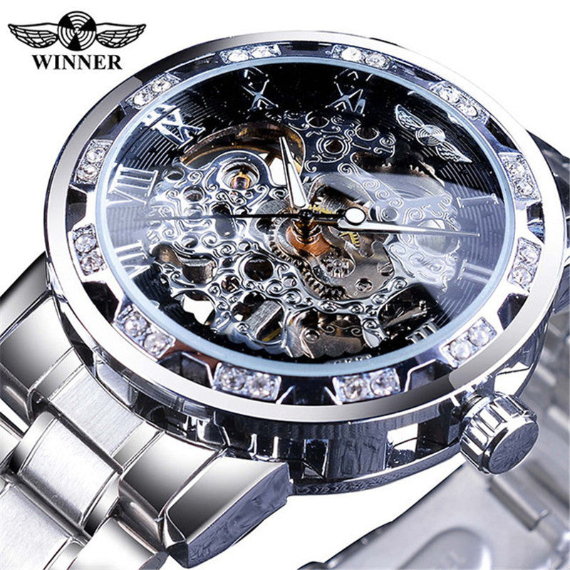 men's fashion casual popular hollow rhinestone manual mechanical watch