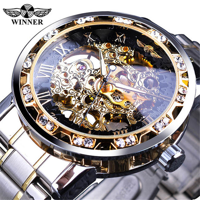 men's fashion casual popular hollow rhinestone manual mechanical watch