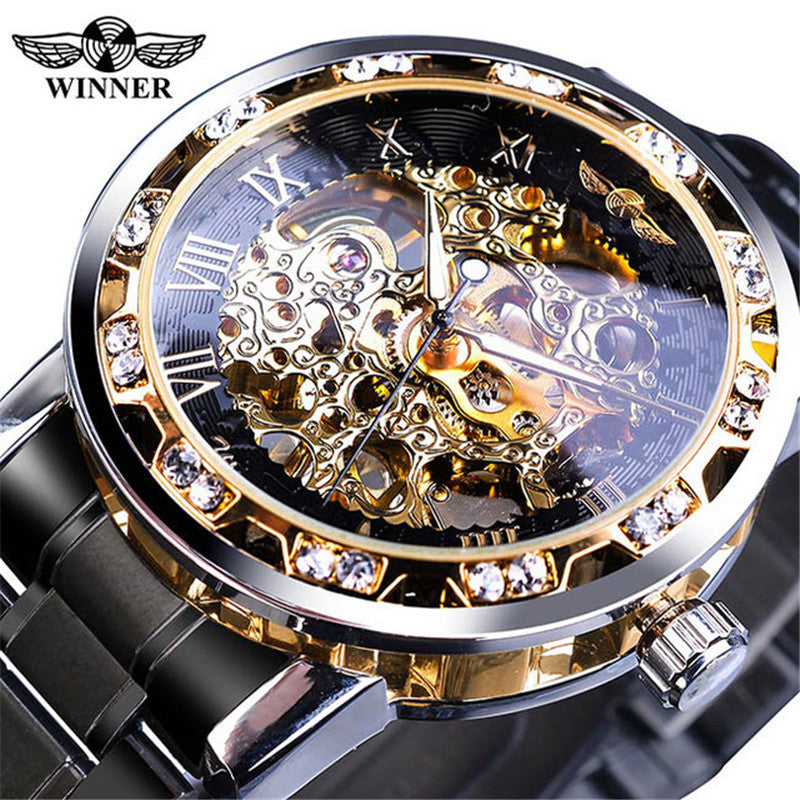 men's fashion casual popular hollow rhinestone manual mechanical watch