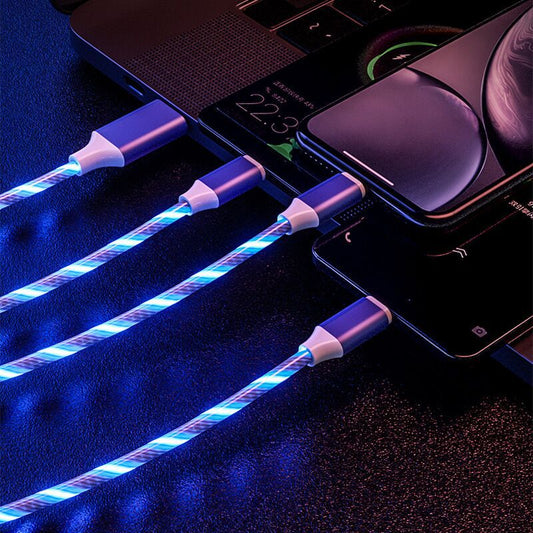 Streamer data cable three-in-one multi-head fast charging car marquee light-emitting one drag three fast charging charging cable wholesale