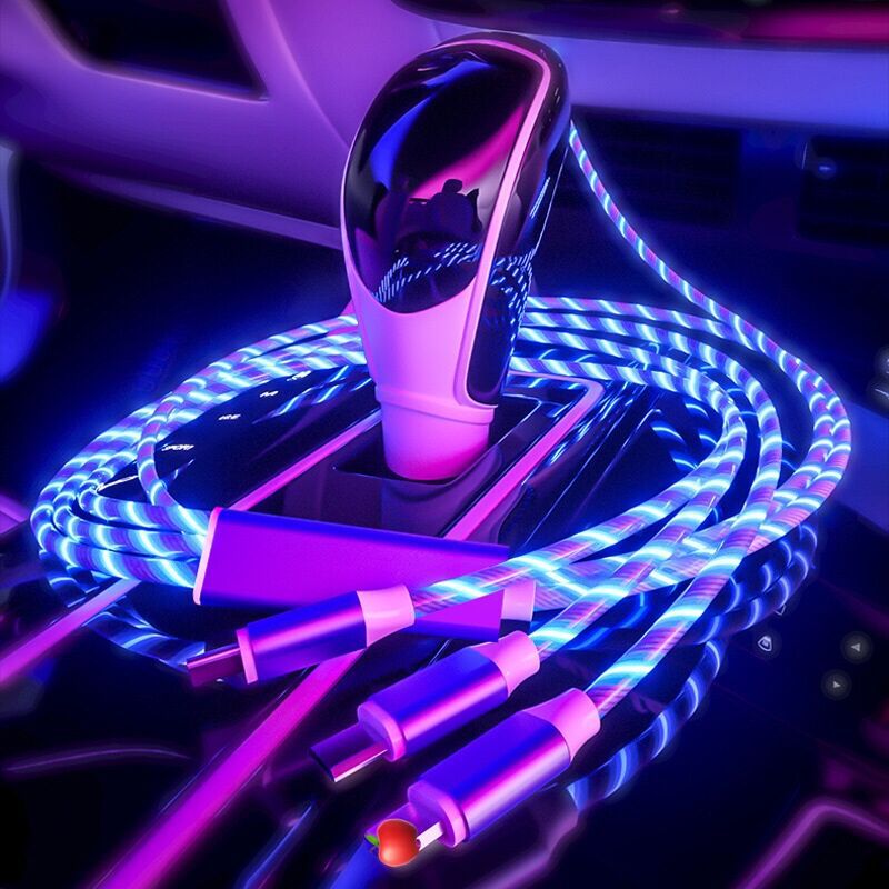 Streamer data cable three-in-one multi-head fast charging car marquee light-emitting one drag three fast charging charging cable wholesale