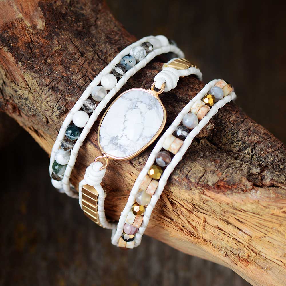 White Unisex Leather Wrap Bracelet W/ Howlite Mixed Stones Beaded 3 Strands Bracelet Men Lovers Jewelry Wholesale Dropship