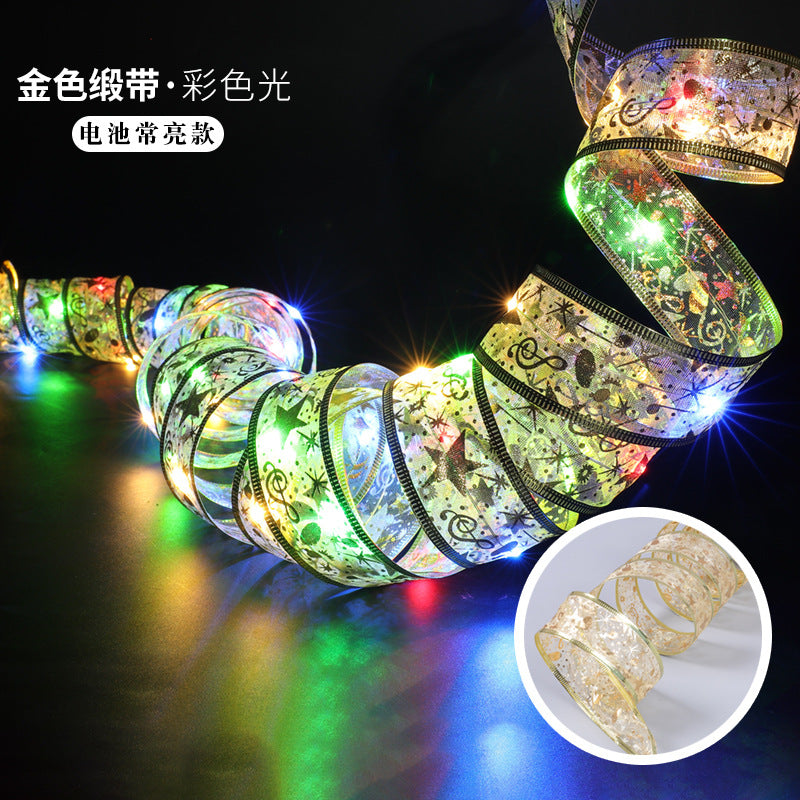 Cross Border Light String Gift Decoration Ribbon Light String LED Copper Wire Ribbon Battery Light Christmas Tree Top Bow Lantern